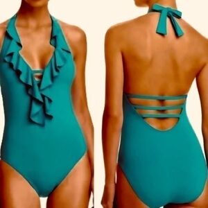 Bleu Rod Beattie Size 10 Ruffle Plunge Halter One-Piece Swimsuit